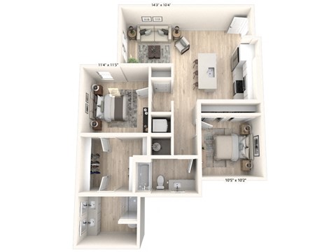 Floor plan for 2 beds, 2 baths, 1034 sqft